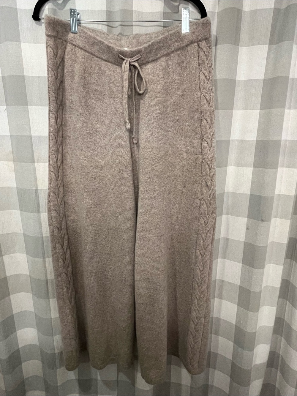 Cozy Taupe Wide-Leg Knit Pants with Side Cable Detail